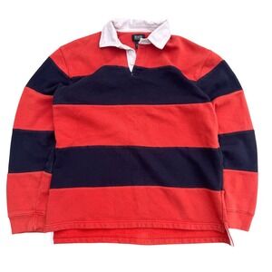 GH Bass Mens Rugby Polo Shirt Orange Black Striped Long Sleeve Fleece Size M